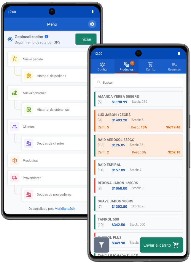 App móvil de gestión de ventas MeridianoSoft mostrando menú y catálogo de productos