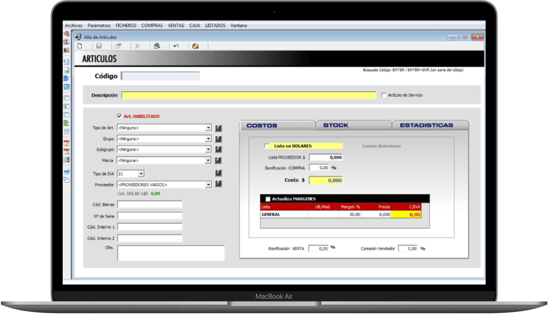 MeridianoSoft Sistema de Gestión Comercial en notebook
